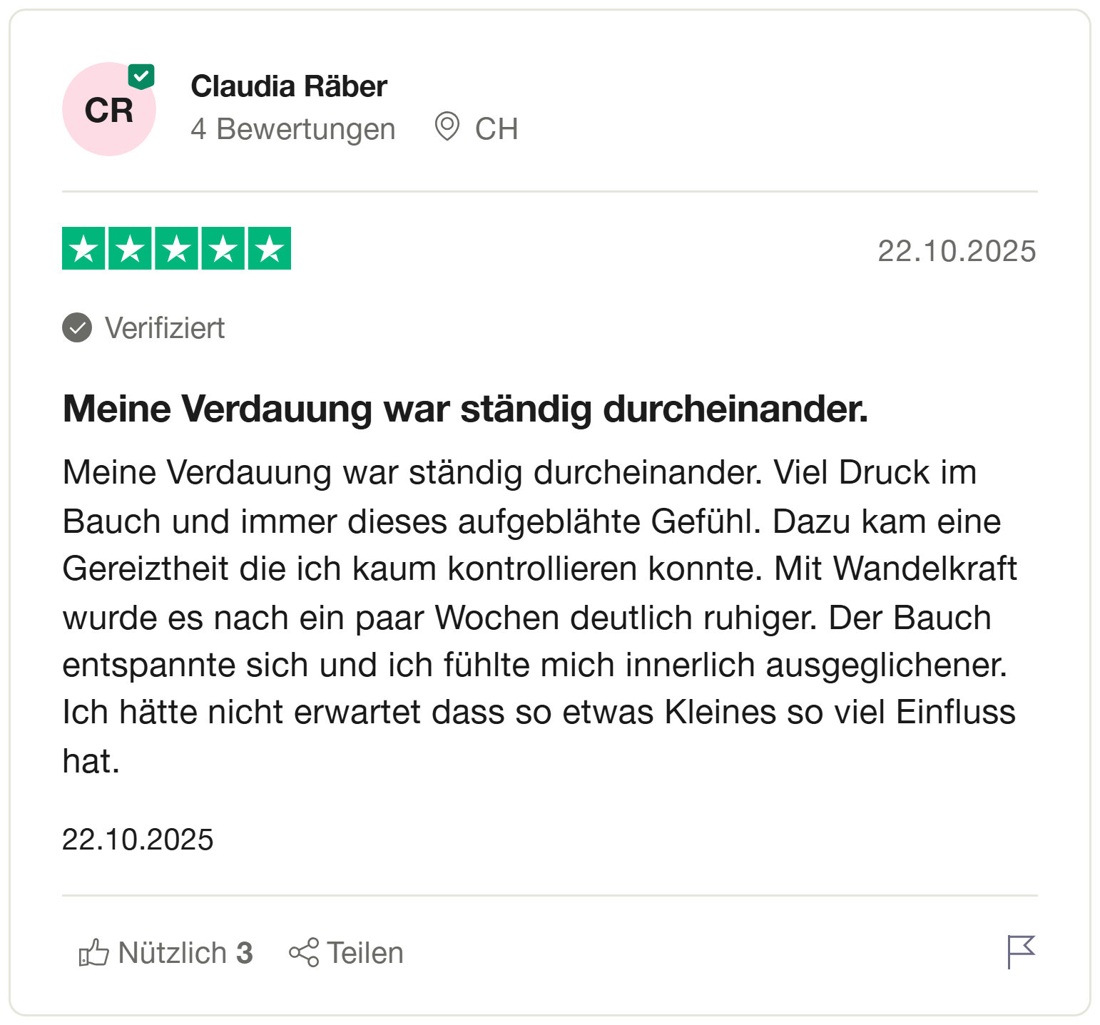 Trustpilot Bewertung - Claudia Raeber - Verdauung und Stimmung