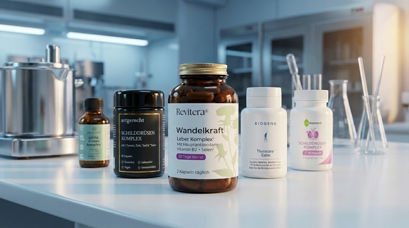 Top 5 Hashimoto-Präparate Schweiz 2026 im Laborvergleich — Wandelkraft, Biogena Thyrocare Calm, Smaint, Artgerecht und Vita Moment nebeneinander auf weissem Hintergrund