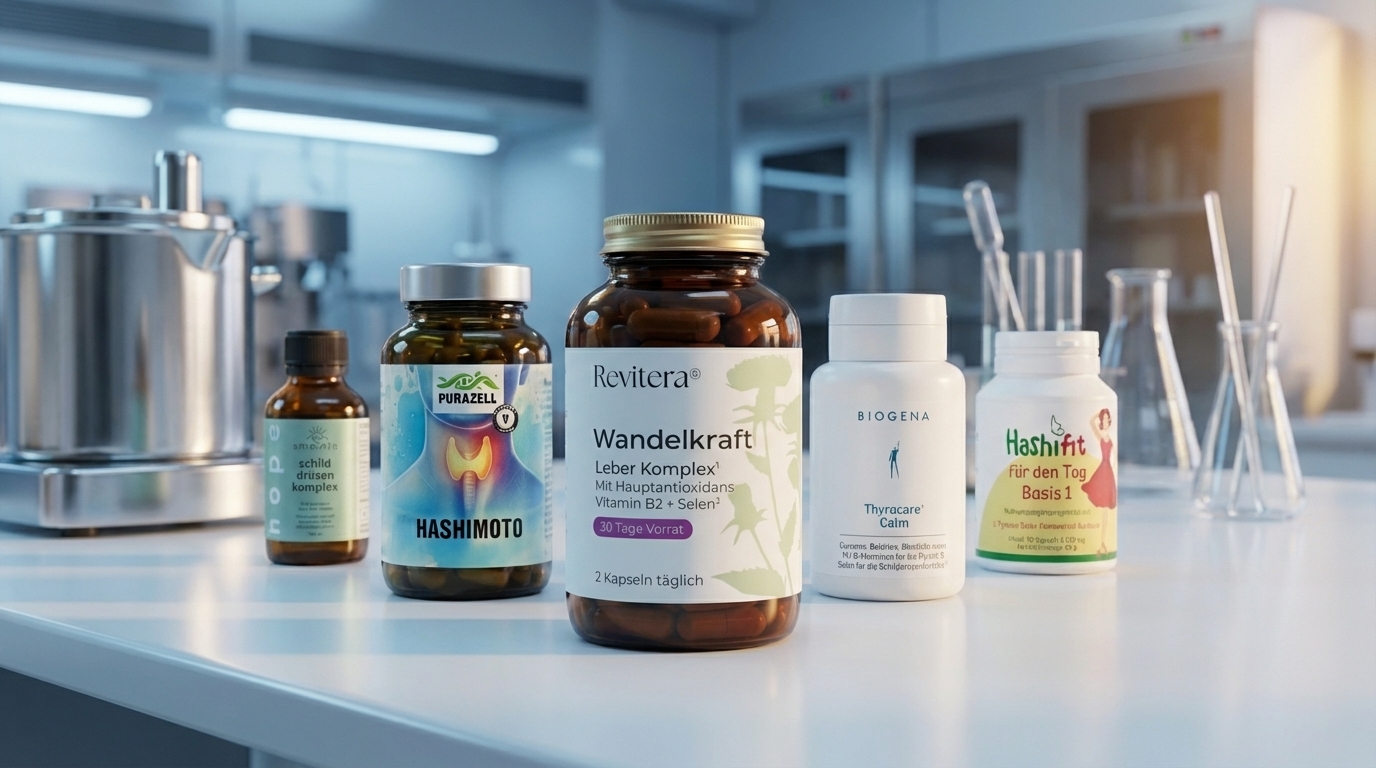 Top 5 Hashimoto-Präparate 2026 im Laborvergleich — Wandelkraft, Purazell, Biogena Thyrocare Calm, Smaint und Hashifit nebeneinander auf weissem Hintergrund