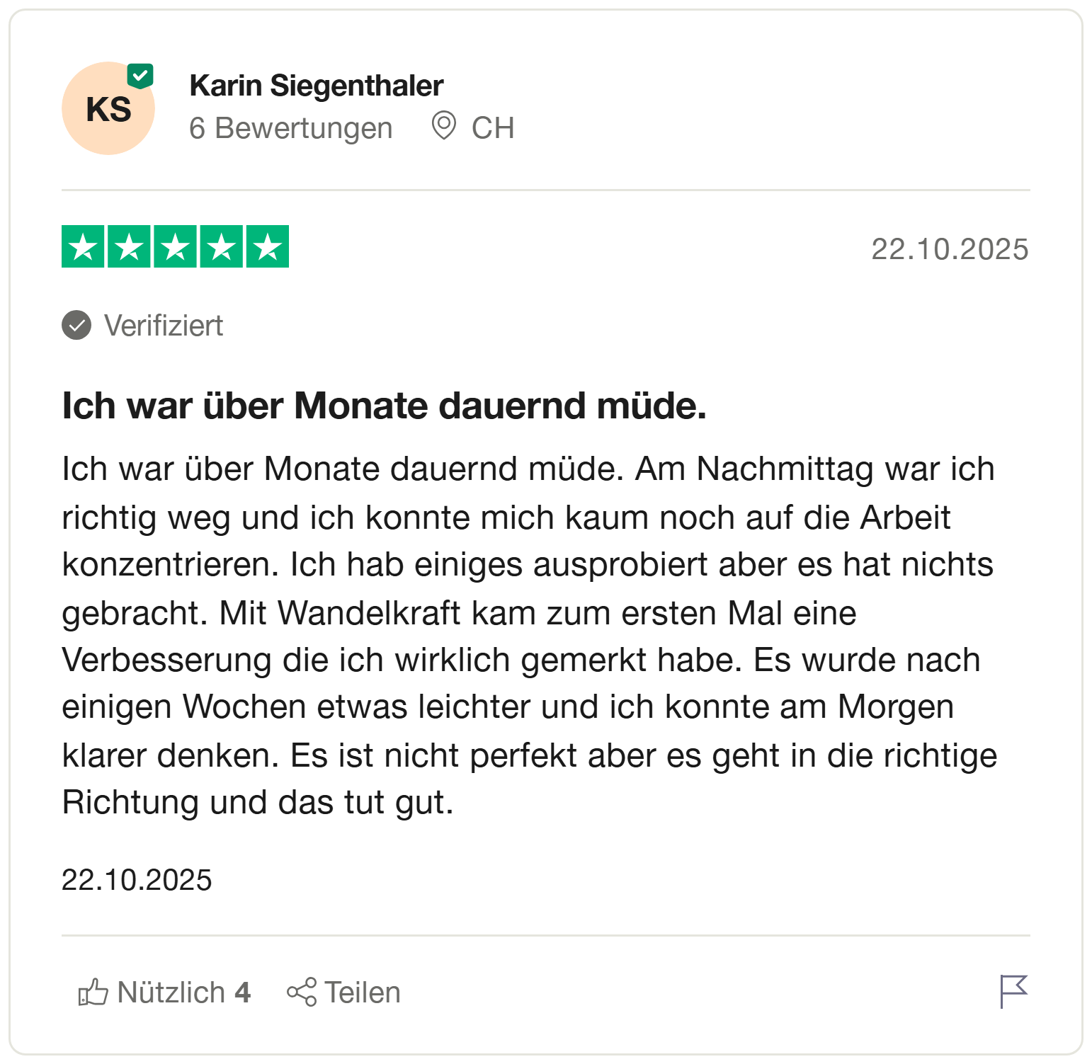 Trustpilot Bewertung — Energie und Konzentration, Karin Siegenthaler