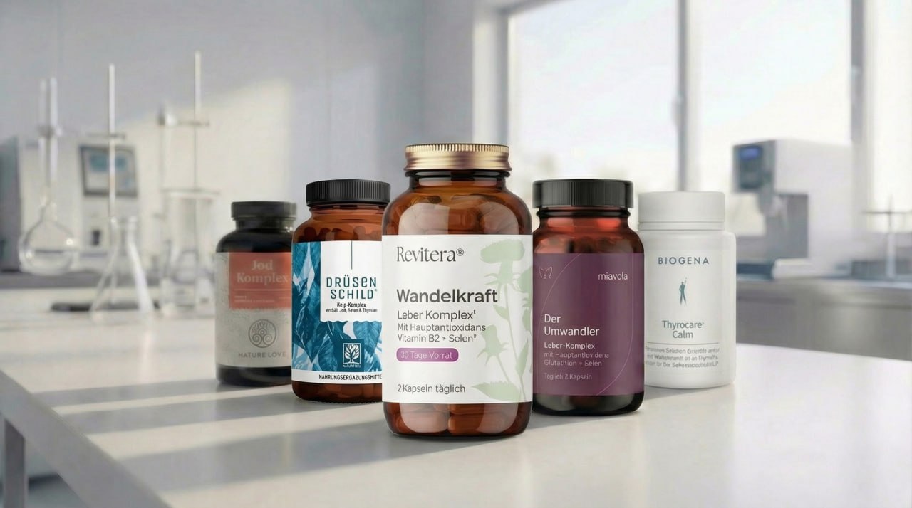 Top 5 Schilddrüsen-Präparate 2026 im Laborvergleich — Wandelkraft, Miavola, Biogena Thyrocare Calm, NATURE LOVE und NATURTREU nebeneinander auf weissem Hintergrund